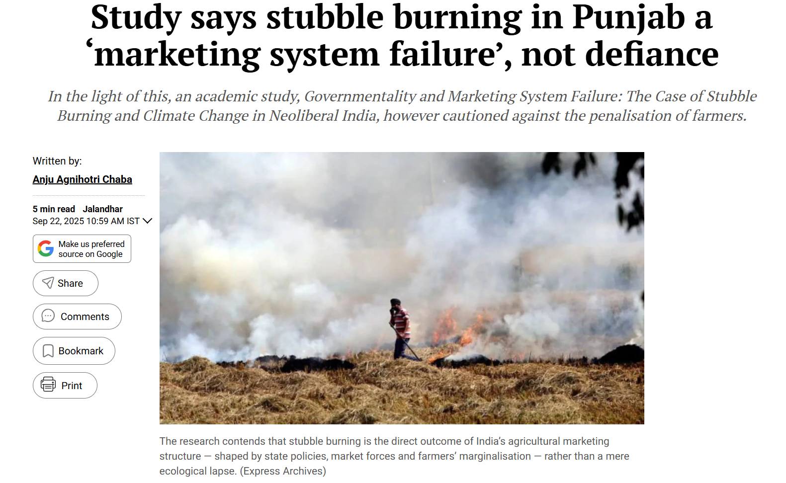 Indian Express article headline: stubble burning in Punjab a 'marketing system failure', not defiance
